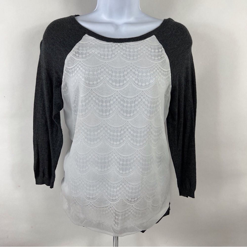 The Limited Women’s Sweater 3/4 Sleeve Lace Front Scoop Neck Charcoal Cream M